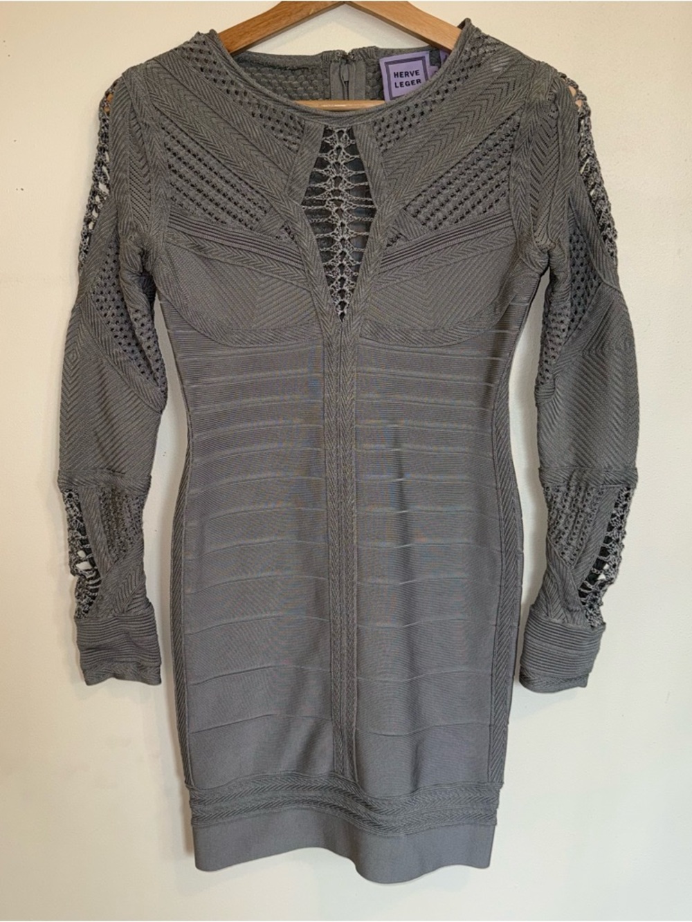 Herve Leger Gray Long Sleeve Bandage Knit Dress